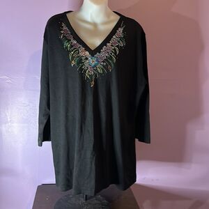 Isaac's Designs Casuals Black Crystal Embellishments 3/4 Sleeve Blouse Size 1XL